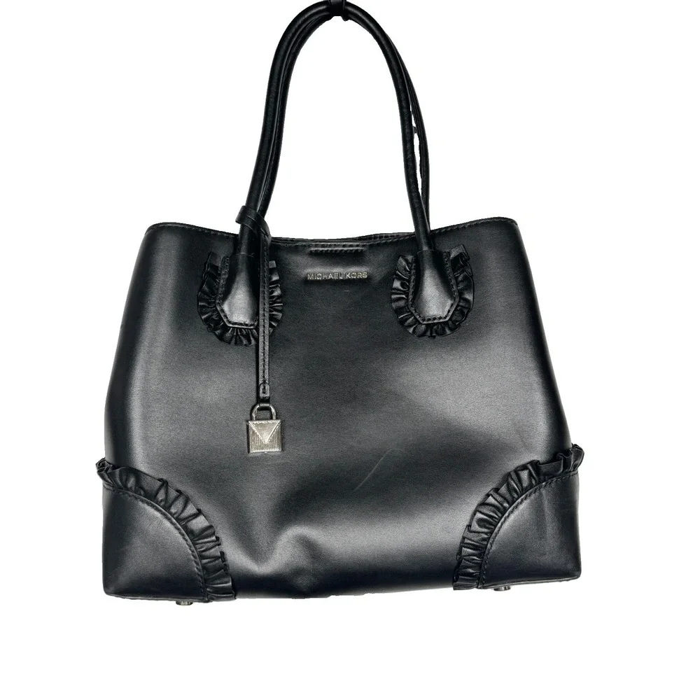 Michael Kors Mercer Gallery Medium Tote Black Leather Ruffle Satchel Purse